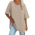 thumbnail image 2 of Otntypg Womens Oversized Tshirts Trendy Solid Color Summer V Neck Tee Shirts Half Sleeve Loose Fit T Shirt Cotton Tunic Tops Beige L, 2 of 7