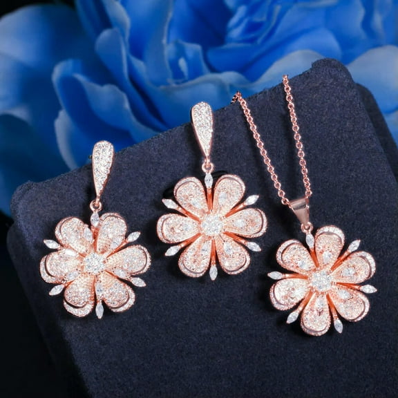 Elegant 585 Rose Gold CZ Flower Drop Earrings Necklace Jewelry Set for Womens