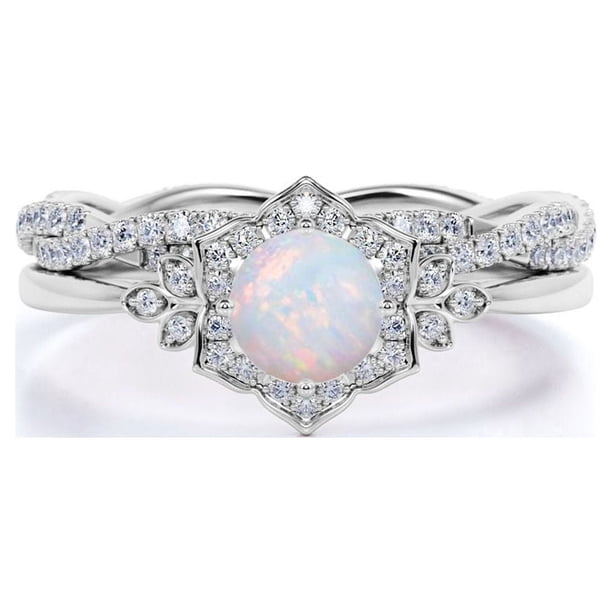 JeenMata Anillo Nupcial de 1,75 Uds con Ópalo de Fuego Azul Genuino Redondo y Moissanita Engastado en Oro Blanco de 18 K sobre Plata