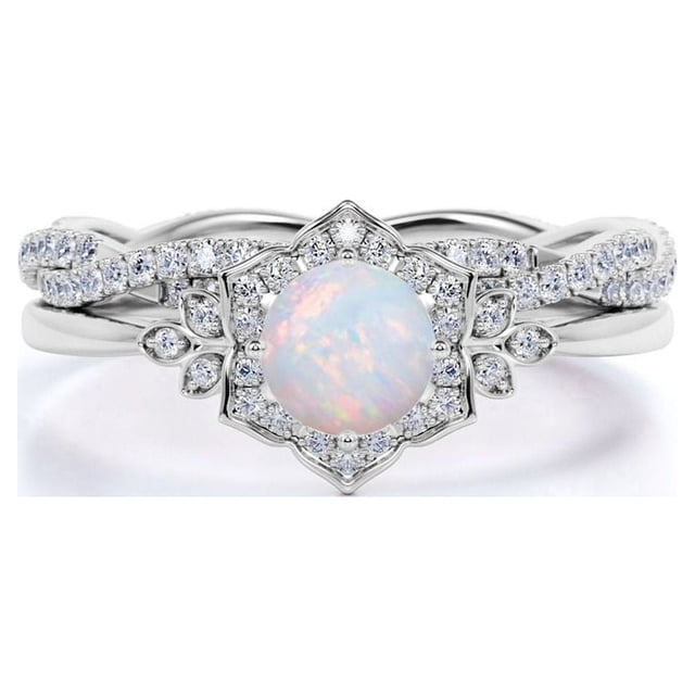 JeenMata Anillo Nupcial de 1,75 Uds con Ópalo de Fuego Azul Genuino Redondo y Moissanita Engastado en Oro Blanco de 18 K sobre Plata