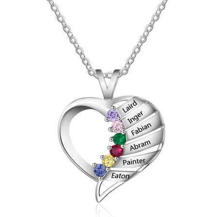 Mementos Custom Family Women's Necklace Sterling Silver with 6 Birthstones Names-Mother's Day Gift