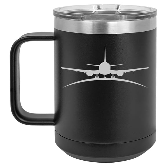 15 oz Tumbler Coffee Mug Travel Cup With Handle & Lid Vacuum Insulated Stainless Steel Airplane (Black)