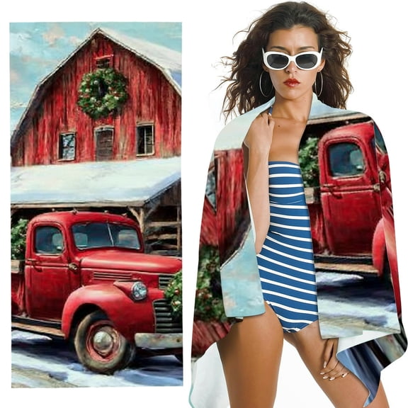RKSupls Christmas Red Truck Barn Microfiber Beach Towel, Extra Large Quick Dry Lightweight Absorbent Towel for Travel Swimming Camping, Soft Super Absorbent- 30x60 in