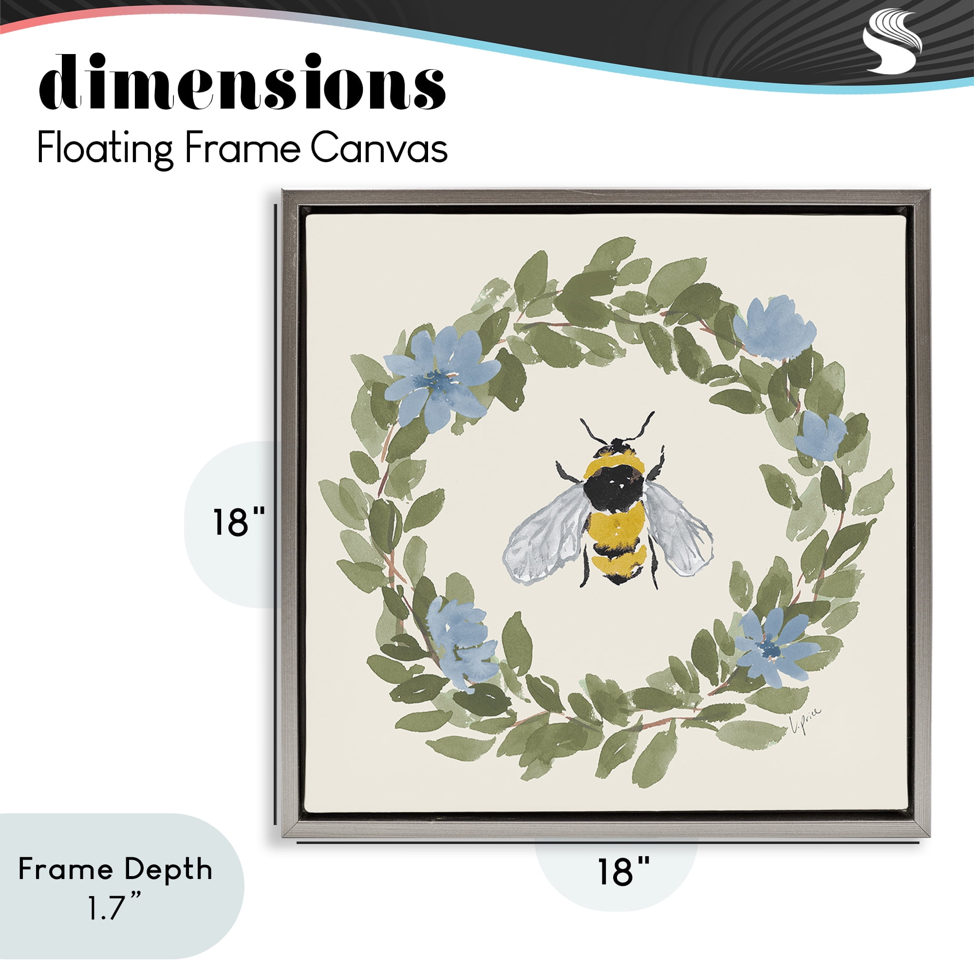 Stupell Industries Floral Wreath Bee Celebration Gray Framed Floater Canvas Wall Art, design by Lucille Price