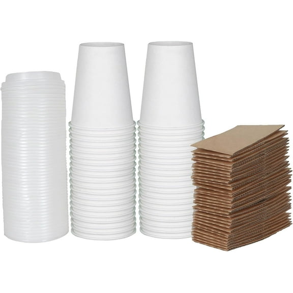 MULMEHË New Disposable 12 oz Paper Coffee Hot Cups, White Travel Sip Lids and Insulated Holder Sleeves, 50 Pack