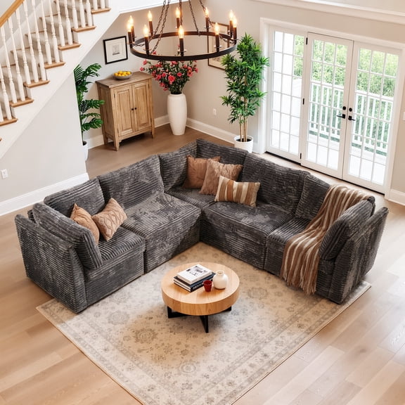 Ovios 95" Modular Sectional Sofa Deep Seat L-Shaped Cloud Corduroy Couch for Living Room, 5 Seat, Gray