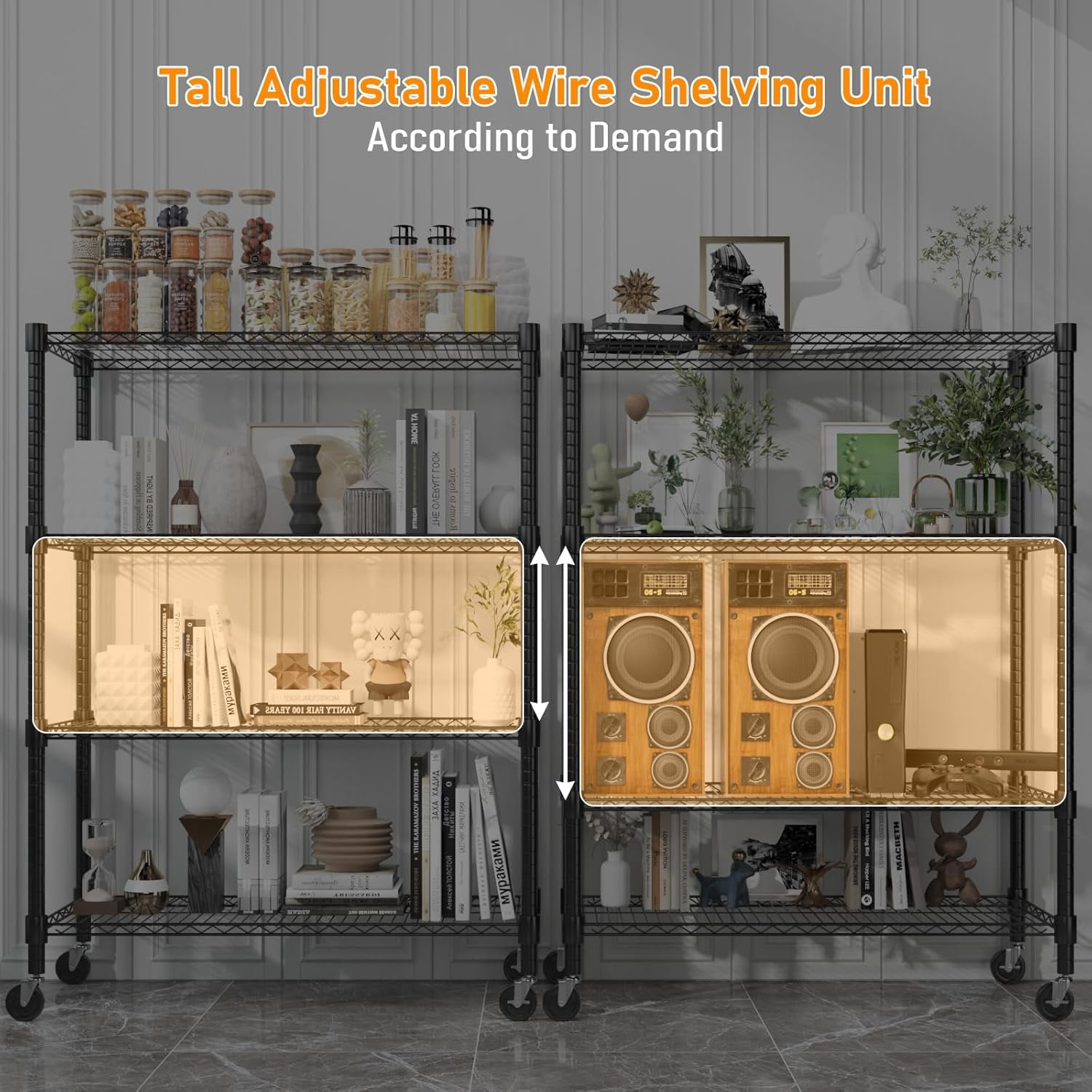 Sailvan 5-Tier Heavy Duty Metal Shelving Unit with Wheels, 1600lb Capacity Wire Storage Rack, 36"W x 18"D x 72"H, Adjustable Garage Shelves,Black