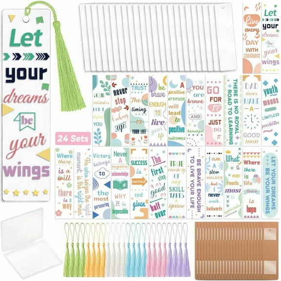 1set Bookmark Making Kits including Plastic Heat Transfer Film Stickers Polyester Tassel Bookmark Display Cards and Acrylic Bookmark Pendants Mixed Shapes 120x30mm
