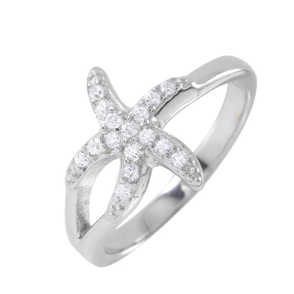 Rhodium Plated Sterling Silver 925 Clear Cubic Zirconia Starfish Ring Beach Band White Female Size 7