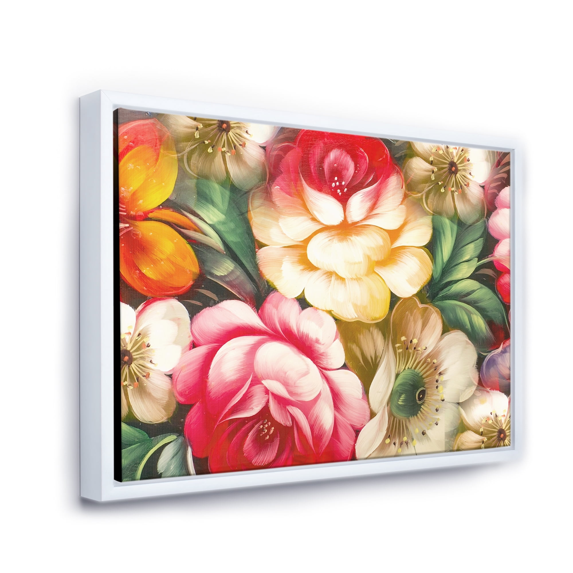 Designart 'Red and Yellow VIntage Flowers' Traditional Framed Canvas Wall Art Print