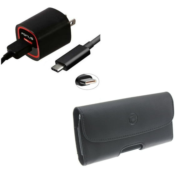 Black Leather Carry Case w 2.4-Amp Rapid Home Wall AC Charger USB 6ft Type-C Cable L2M Compatible With Google Pixel 3a XL