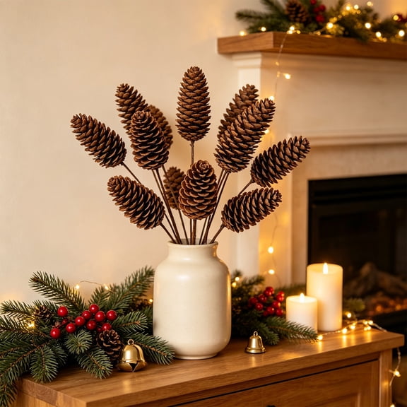 Natural Dried Pinecone Picks 12 Pcs, 9.84 Inch Pine Cone Stems Vase Fillers for Fall Christmas Holiday Home Table Decor, Brown Pinecone Branches