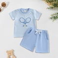thumbnail image 2 of Xudanell Baby Boy Summer Outfit Embroidered Ball Sports Patterns Short Sleeve T Shirts Shorts Set Vacation Clothes Sky Blue 6-12 Months, 2 of 6