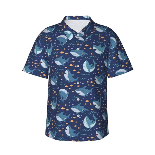 Fotbe Cartoon Sharks2 Camisa Hawaiana para Hombre Unisex – Camisa Casual de Verano con Botones de Manga Corta de Algodón y Lino,X-Large