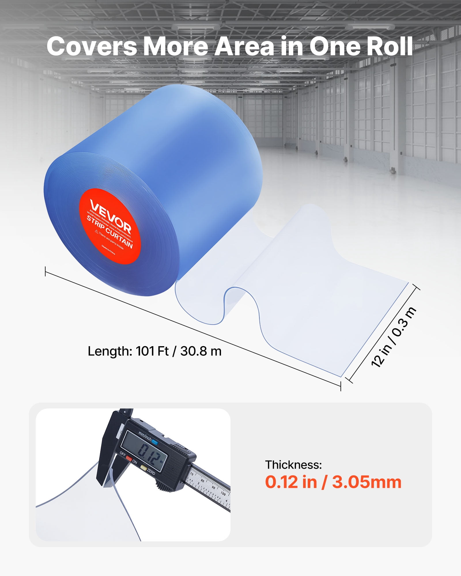 VEVOR Clear PVC Strip Curtain, 101 ft Length x 12 in Width, Thermal Insulating Plastic Door Strip Bulk Roll, Walk in Freezer Cooler Curtain Strips for Doorways of Supermarket, Garage, Warehouse