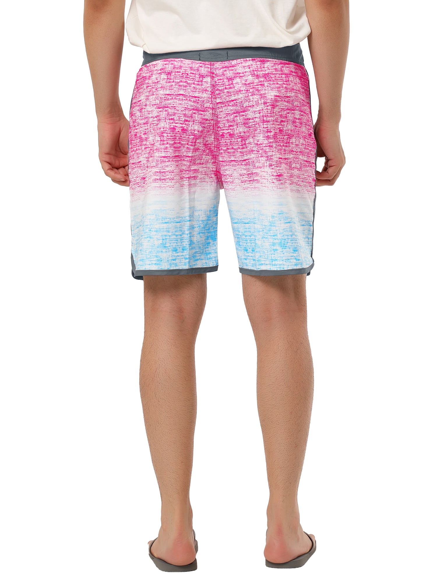 Unique Bargains Men's Summer Printed Drawstring Color Block Swim Beach Shorts 32 Pink Blue