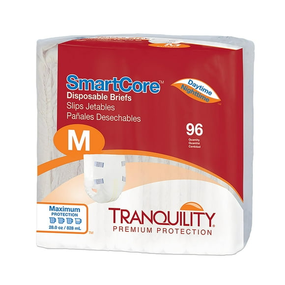 Tranquility SmartCore Adult Disposable Briefs, Incontinence Control with Breathable Kufguard Technology, Fastening Tabs & Wetness Indicator, Latex-Free, Adult Medium, 28o