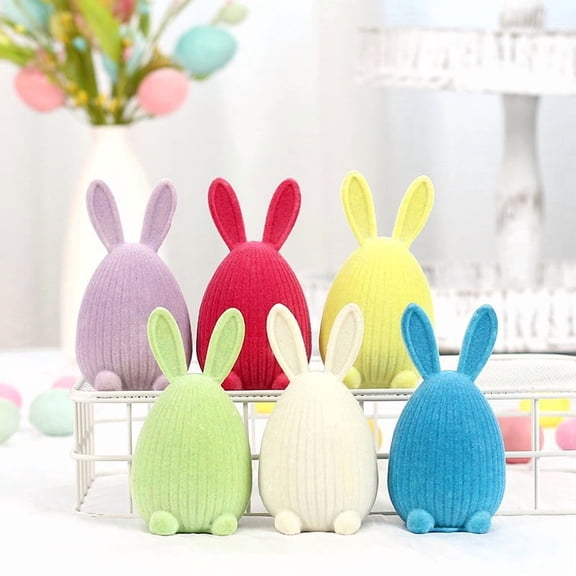 Flocked Easter Egg Rabbit Ornament - Soft Fuzzy Bunny Figurine with Decorative Eggs, Festive Spring Home Decor for Mantel, Tabletop & Party, Adorable Easter Themed Ornament, 4*2*2in, White