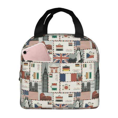 Insulated Lunch Bag for Women Men - world Stamp Pattern Leakproof Cooler Lunch Box for Women Men  Lunch Tote Bags for Work School Picnic Travel