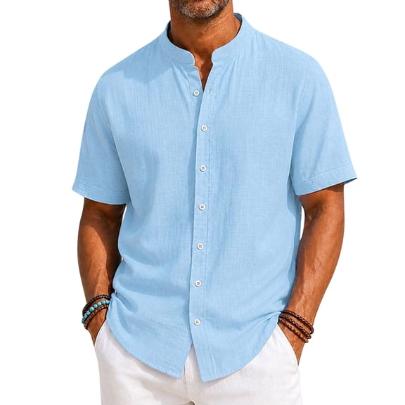 KXDMNE Mens Stand Collar Polo Shirt - Short Sleeve Button Fast Drying Polyester Slim Regular Solid Color Lightweight Casual Shirt, Light Blue, 2XL