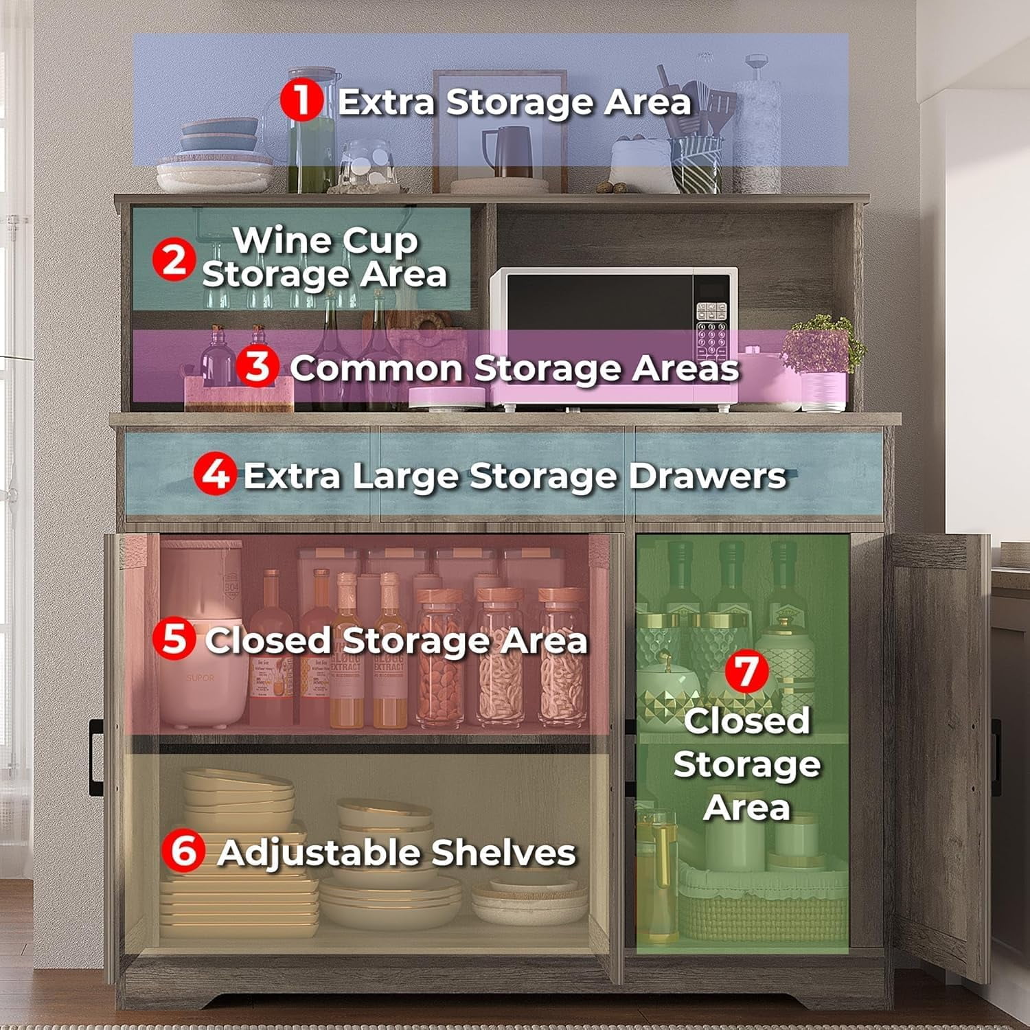 Huisuilinss Kitchen Pantry Storage Cabinet,Farmhouse Kitchen Cabinet,Food Pantry Cabinet with Microwave Stand,Barn Doors Kitchen Hutch with 3 Drawer and Shelves for Dining Room