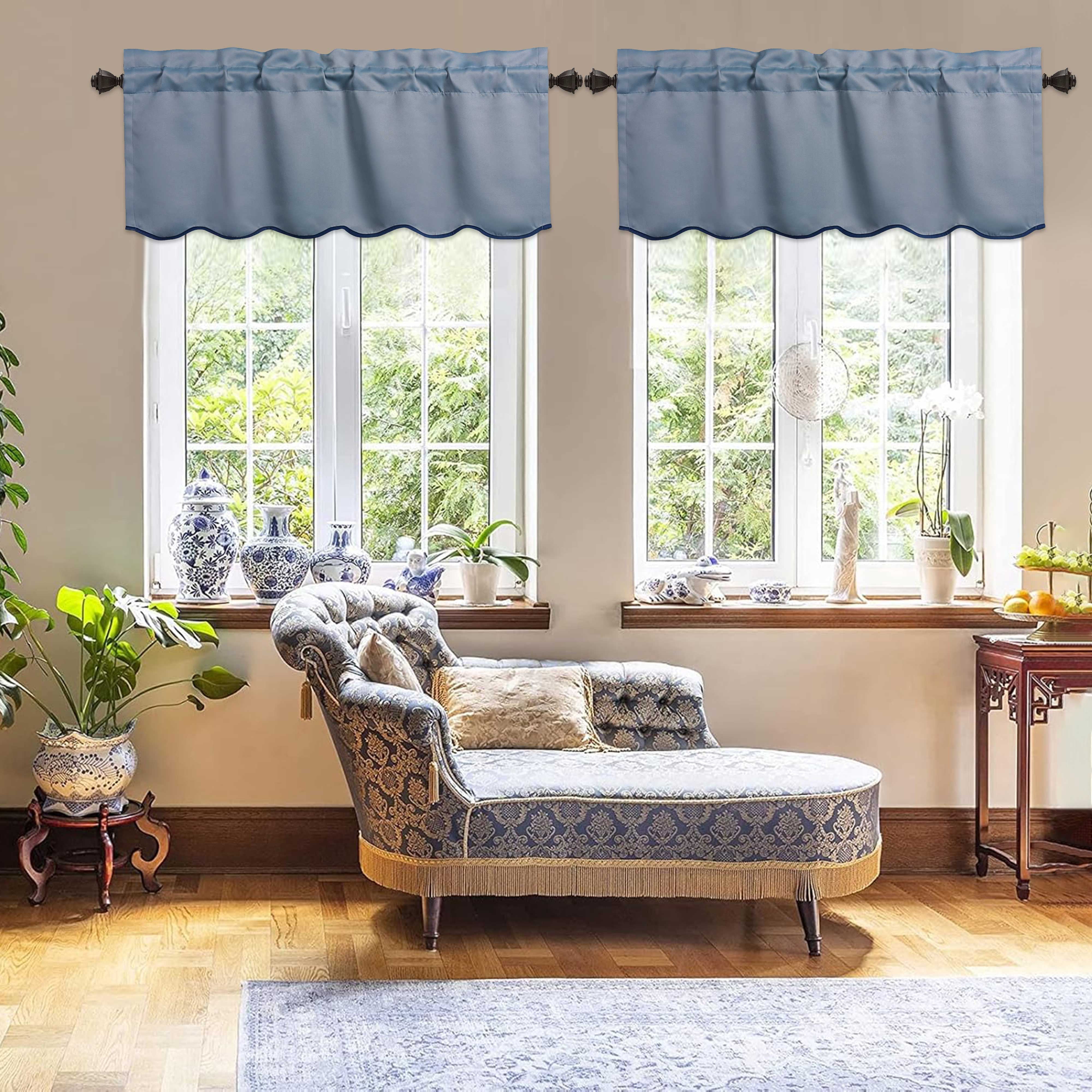 HIG 2 Panels Blackout Window Treatment Valances, 52"W x 18"L Color-Block Scalloped Valances, Decorative Rod Pocket Short Curtain Panel for Kitchen, Window, Bathroom, Blue