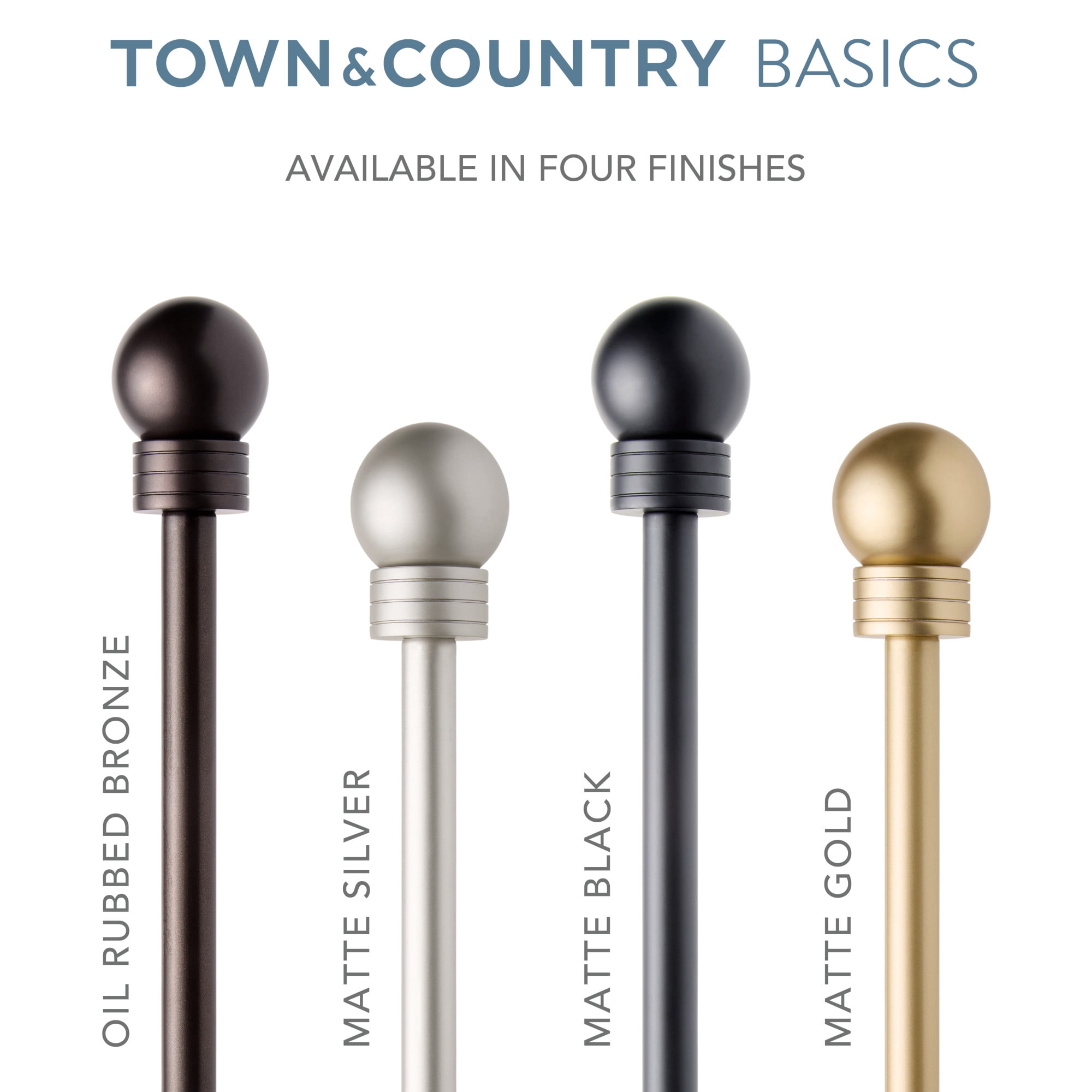 TOWN & COUNTRY BASICS Modern Sphere Single Indoor Curtain Rod and Finial Set, Easy Install Wall Mount, Matte Black, Adjustable 36”-72”