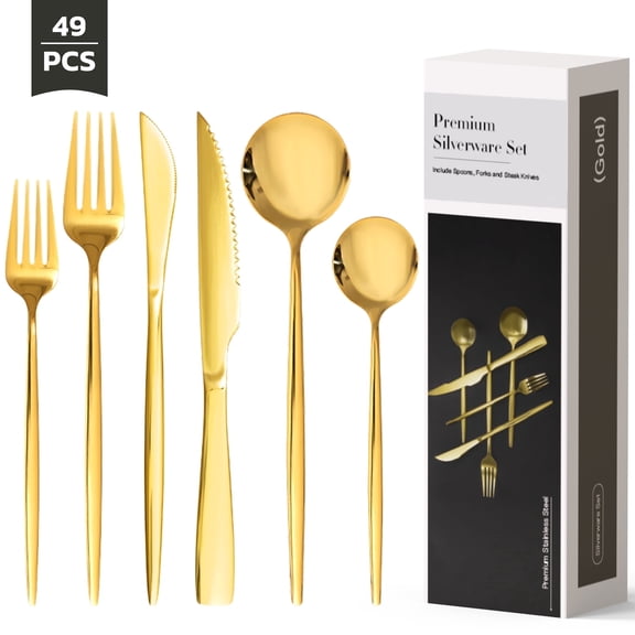 Astercook 49-Pieces Gold Silverware Set with Steak Knives for 8 - Great Food-Grade Stainless Steel Flatware Set, Mirror-polished Cutlery Utensil Sets, Ideal for Home Restaurant & Banquet Use, Gold