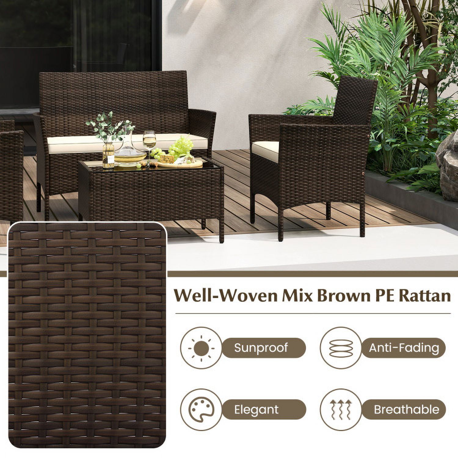 Aimee Lii 4 Piece Patio Rattan Conversation Set with Cushions, Outdoor Patio Furniture Sets, Beige Aimee Lii 4 Piece Patio Rattan Conversation Set with Cushions, Outdoor Patio Furniture Sets, Beige