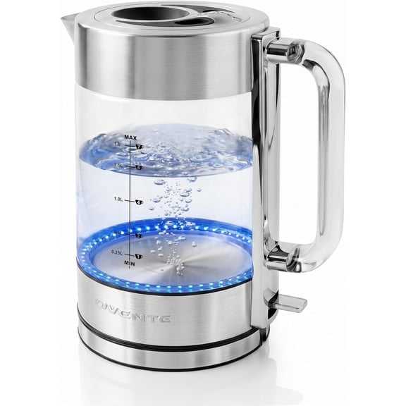 OVENTE Electric Kettle, 1.8L Tea Kettle Cordless with Borosilicate Glass Water Boil, Stainless Steel Base, Acrylic Handle, 1500W Fast Boil Electric Kettle, Easy Fill Lid, Auto Shutoff, Silver KG911S