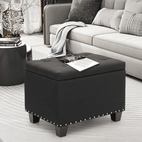 MoNiBloom Button Tufted Storage Ottoman, Microfiber Upholstery Footstool for Living Room Home Office, Space-Saving Storage Toy Box Foot Stool, Black