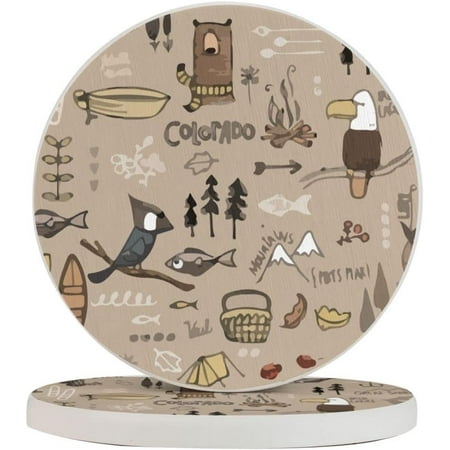 

Set of 2 Round Coasters Colorado-Funny-Animal-Brown for Drinks 4 Inch Ceramic Cups Place Mats Home Decor