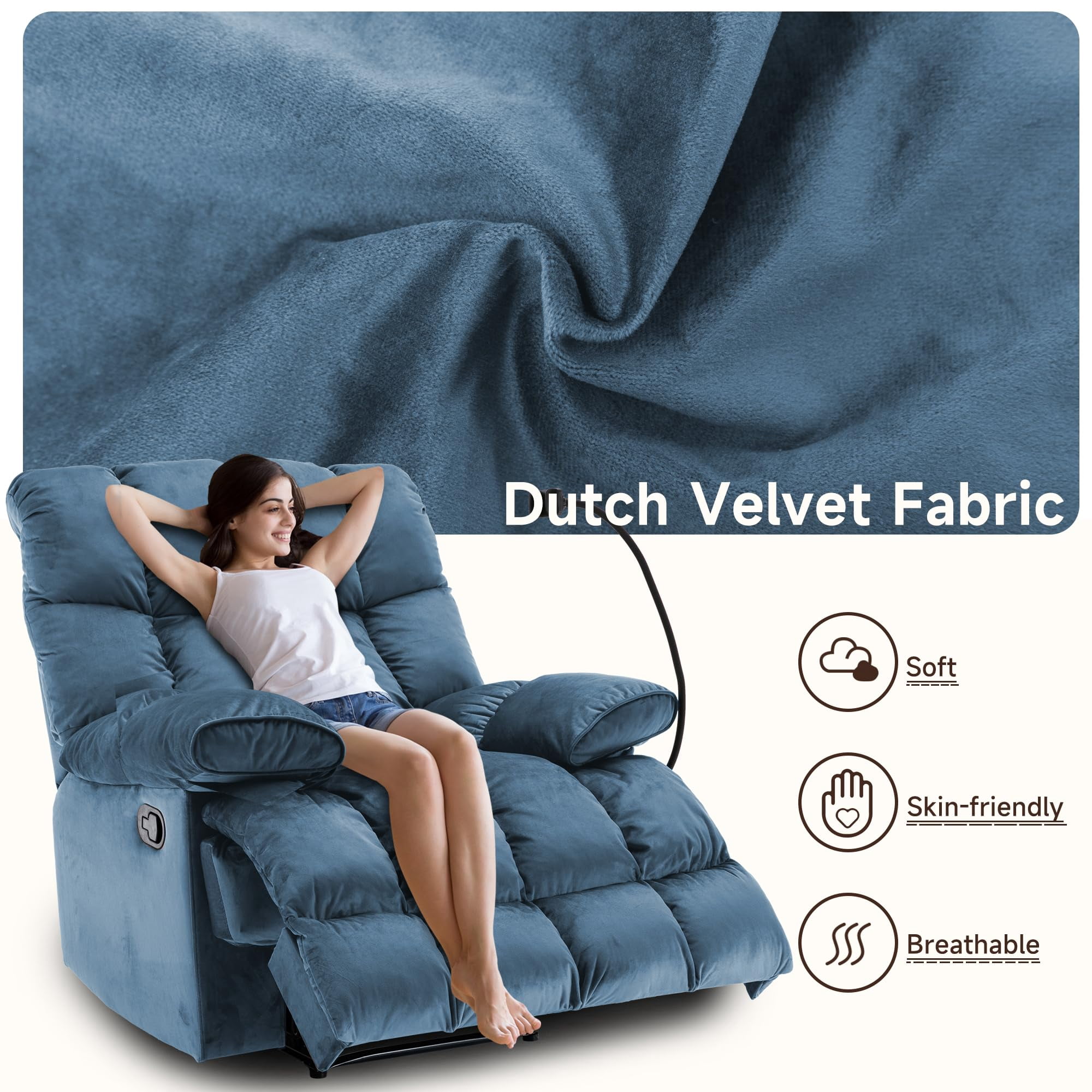 Oversized Recliner Chair Manual Reclining 90°-150° Living Room Velvet Wide Seat Heavy Duty Lounge Velvet Chair Manual Recliner Chair for Adults, 400LBS Capacity