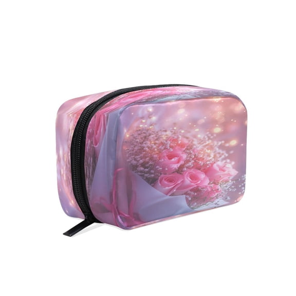 BZSMCE Makeup and Cosmetic Bag Women Simple Pink Roses Bouquet with Lights Pattern Square Cosmetic Bag