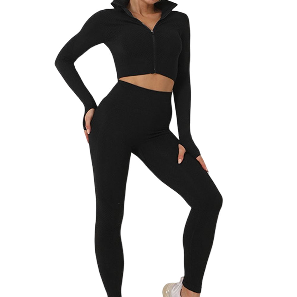 3 PCS Women's Active Wear Sets Long Sleeve Top High Waist Leggings Sports  Jacket Workout Clothes Women'S Fitness Clothes Gym Clothes for Women Sets  Athletic Clothes for Women Womens Gym M Black 