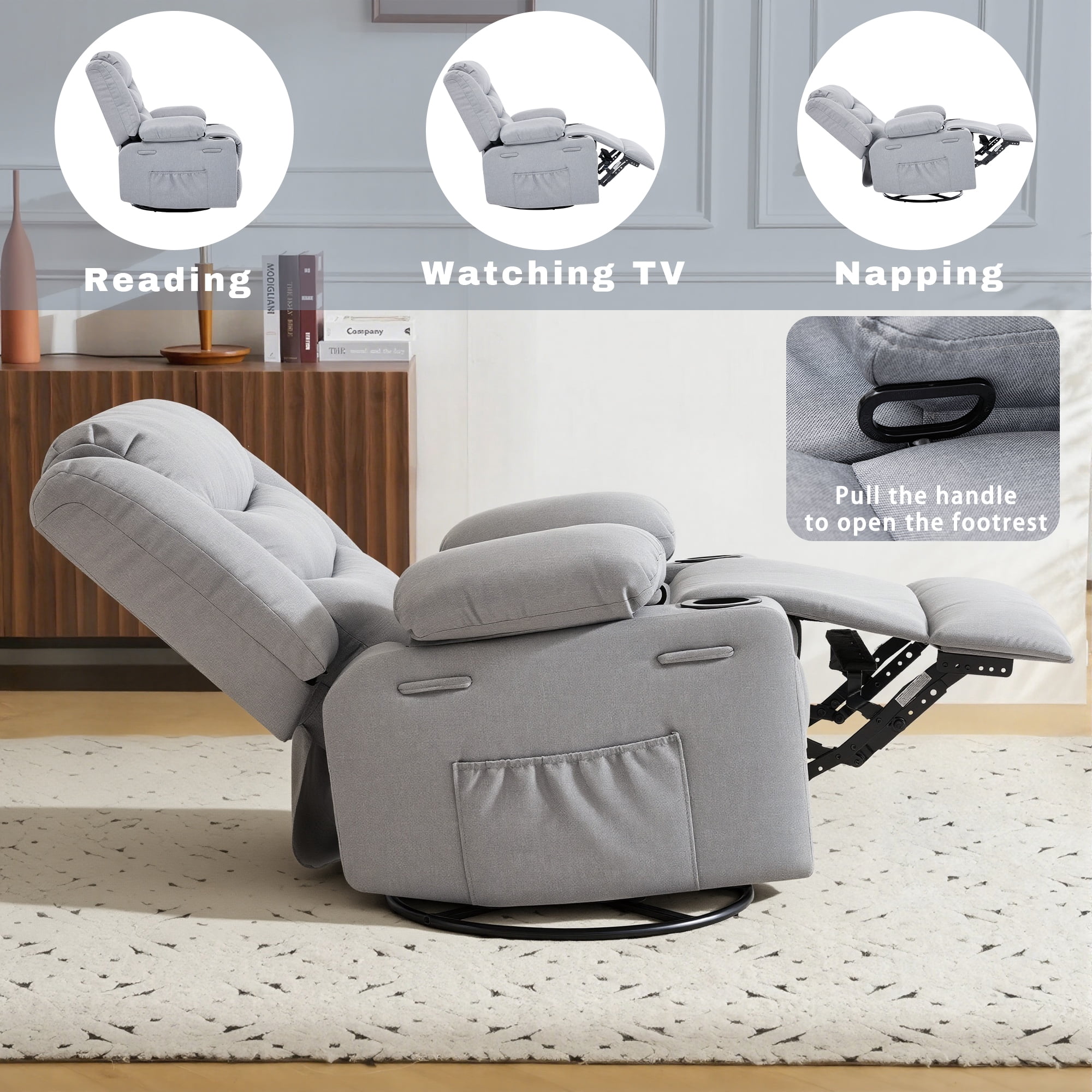 GAOHAPY Rocker Recliner Chair,360° Swivel Recliner Chair for Adults,Oversized Single Sofa Seat with Cup Holders,Recliner Single Sofa with Side Pocket(Grey)