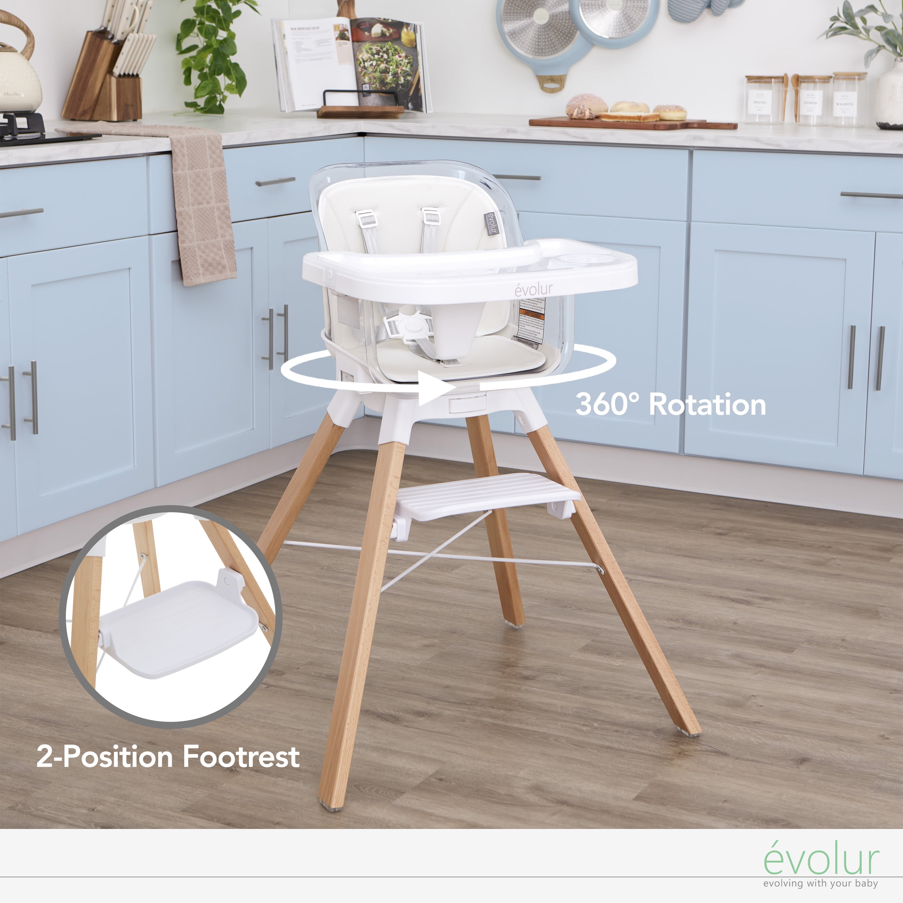 Evolur Bloom High Chair Panna Cotta , 360° Rotating Seat, Easily Converts to Adult Stool, Adjustable Foot Rest, Adjustable & Removable Tray Baby High Chair
