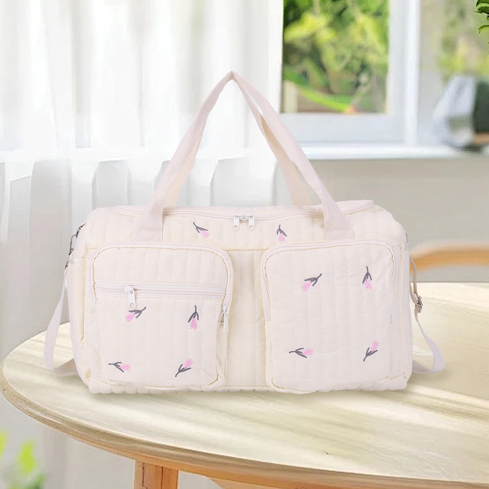 HUISZJ Quilted Diaper Bag Tote, Multi-Pockets Duffle Bag, Large Capacity Diaper Bag for Mom Dad, Tulip Print