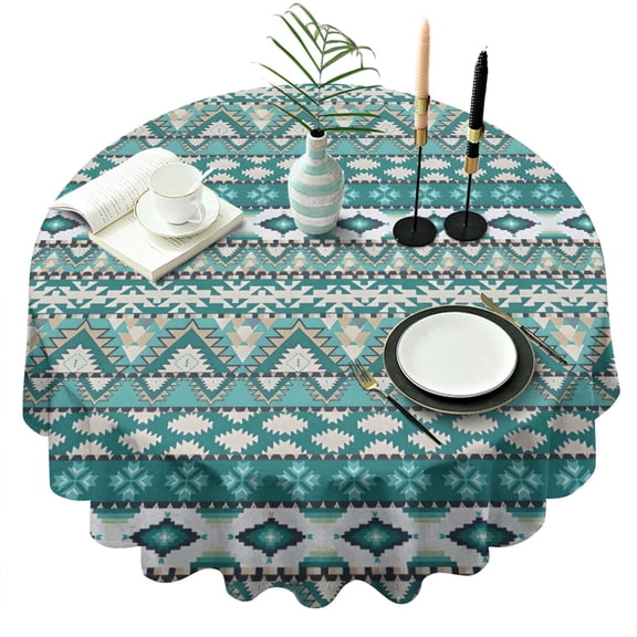 Teal Geometric Boho Pattern Round Tablecloth 60"x60",Wrinkle Wipeable Table Cloth for Kitchen Dining Room Picnic Patio Party