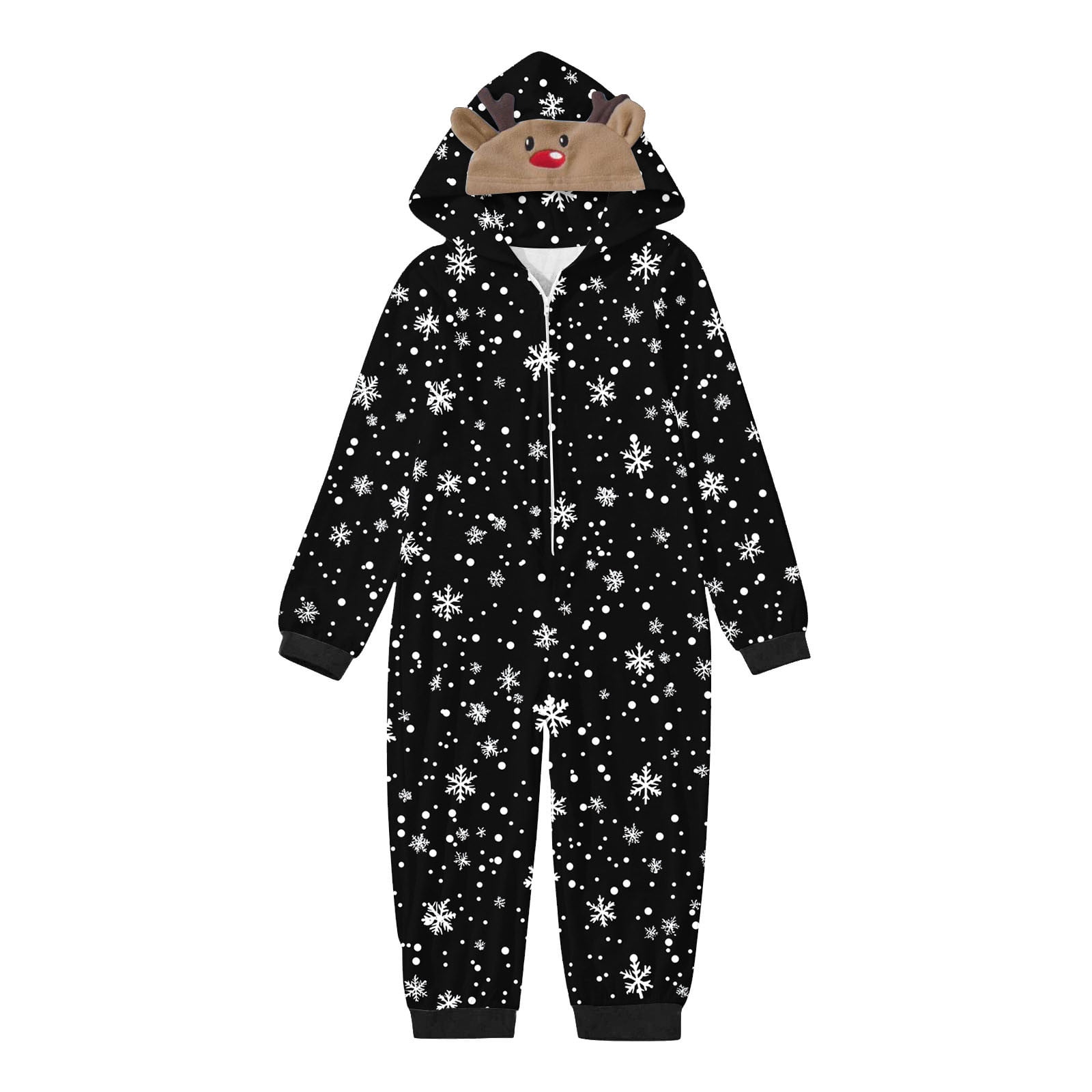 SwiftWear Black Snowflake Couples Family Christmas Pajamas Matching Onesie Set with Reindeer Hood Winter Design Loungewear