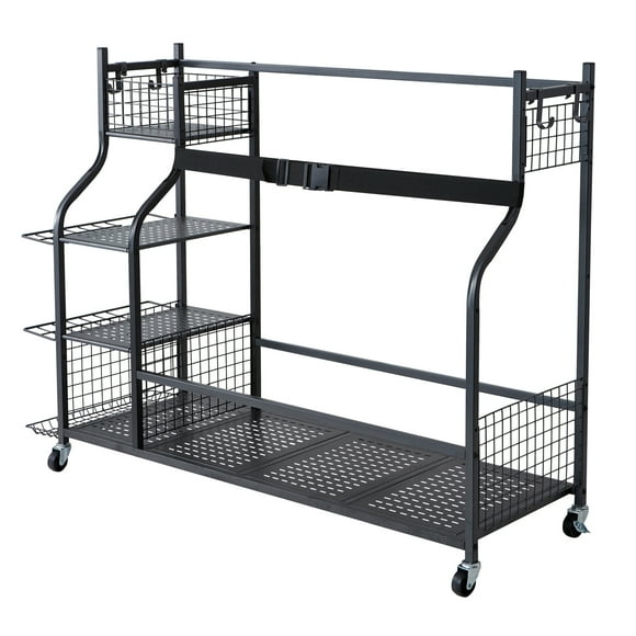 KFFKFF Golf Gear Organizer, Space for 3 Bags, Sports Equipment Rack with Rolling Cart, Baskets & Hooks for Outdoor Accessories, Durable Steel Construction, Black