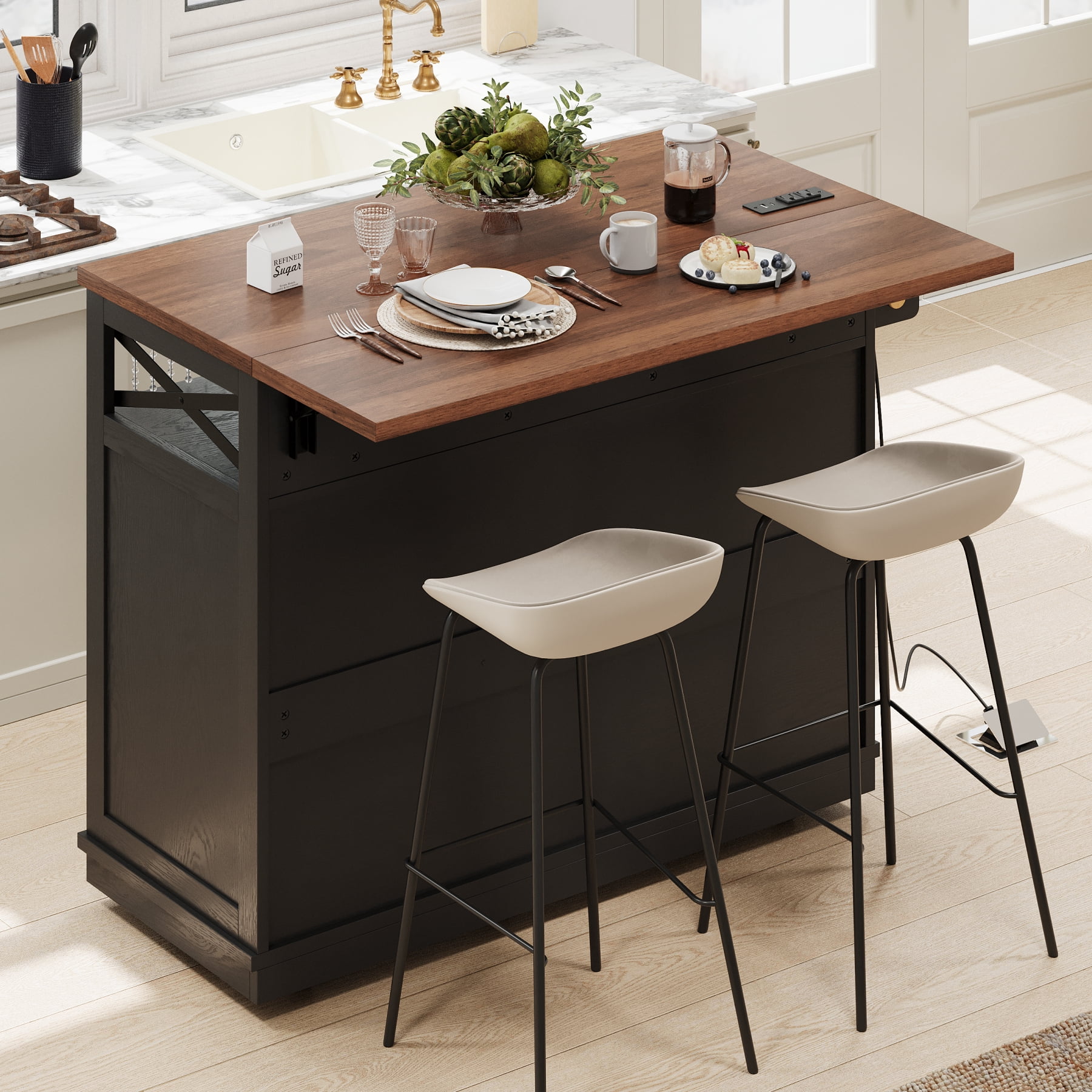 Harper & Bright Designs Farmhouse Kitchen Island with Drop Leaf and Wheels, Kitchen Storage Cart with Drawers and Internal Iron Shelf, Rolling Kitchen Island with Power Outlet, Black