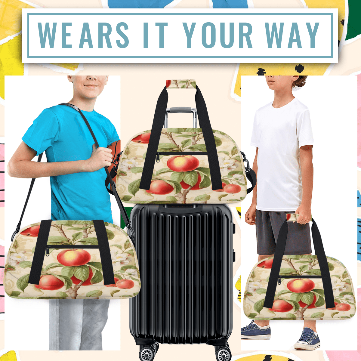Herdesigns Apples Fruits Sports Duffle Bag for Women & Men, Apples Leaves Gym Bag Dance Bag Overnight Bag Carry On Weekender Travel Bag