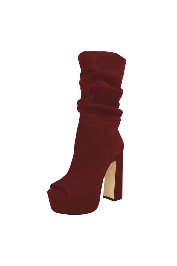 Women Classic Peep Open Toe Slouch Ankle Boots Platform Chunky Block High Heels Bootie Pull On Office Fashion Shoes Size 8.5 Red