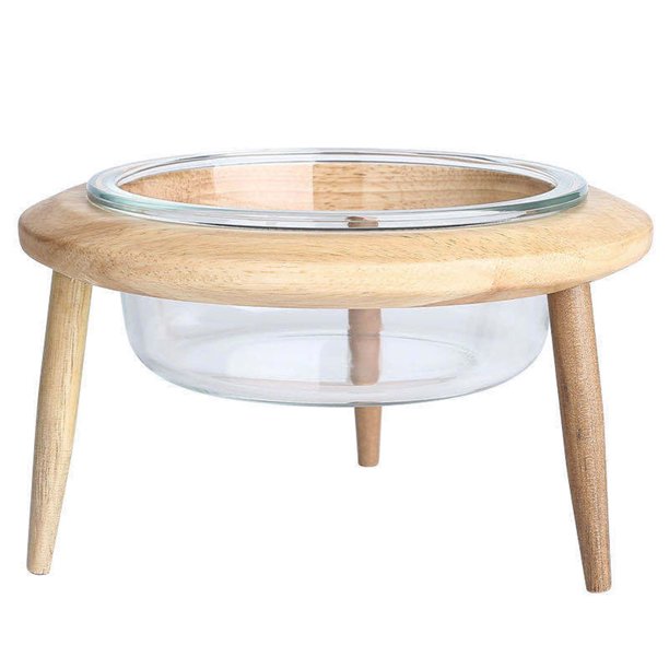 Bandeja de alimentación para mascotas con diseño inclinado, soporte de roble y tazón de vidrio de 800ml, ideal para gatos y perros. Protege la postura de tu mascota. Envío a partir del 20. ¡Haz tu