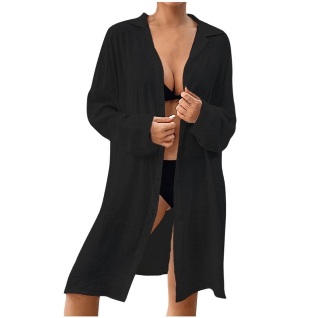 Plebaso Chemise de Plage pour Femmes à Boutons, Manches Longues, Col de Couverture, Maillot de Bain, Robes Amples, Hauts
