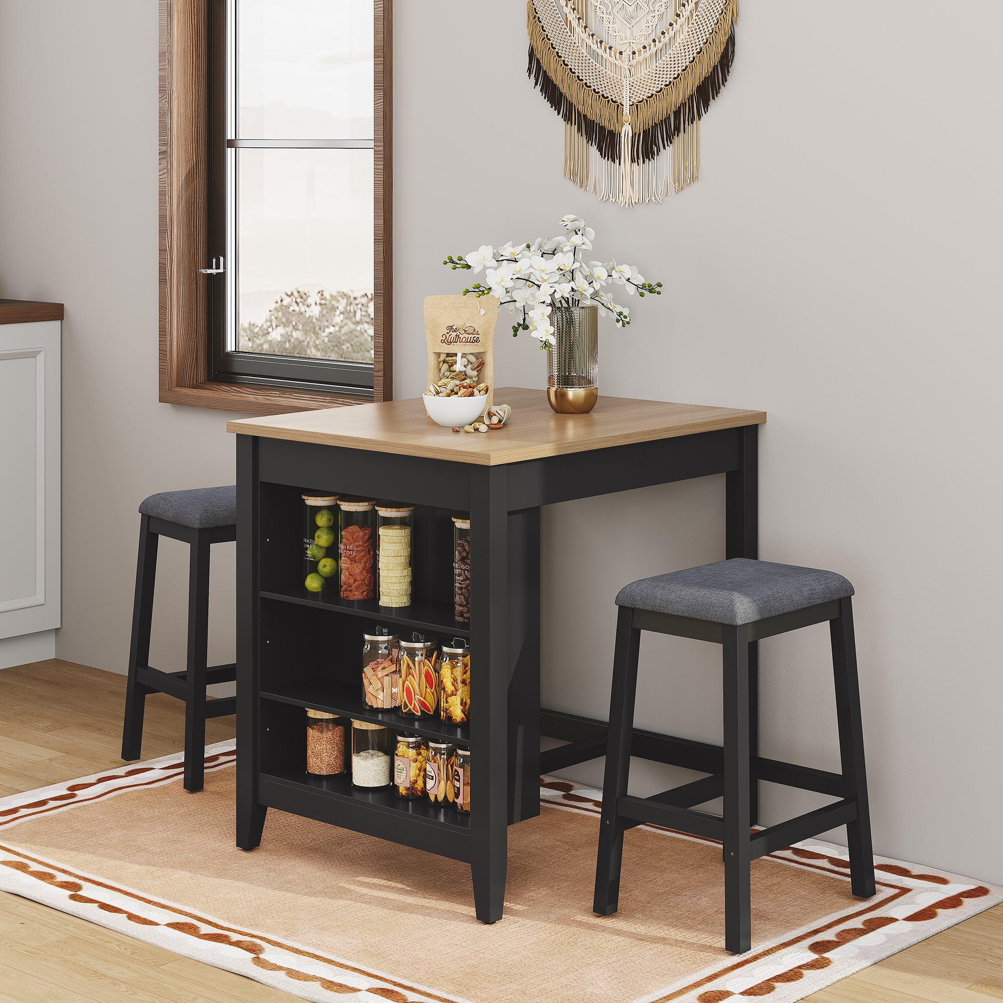 HLR Farmhouse Dining Table Set for 2, Small Kitchen Table Chairs Set of 2 with Tufted for Apartment, Black
