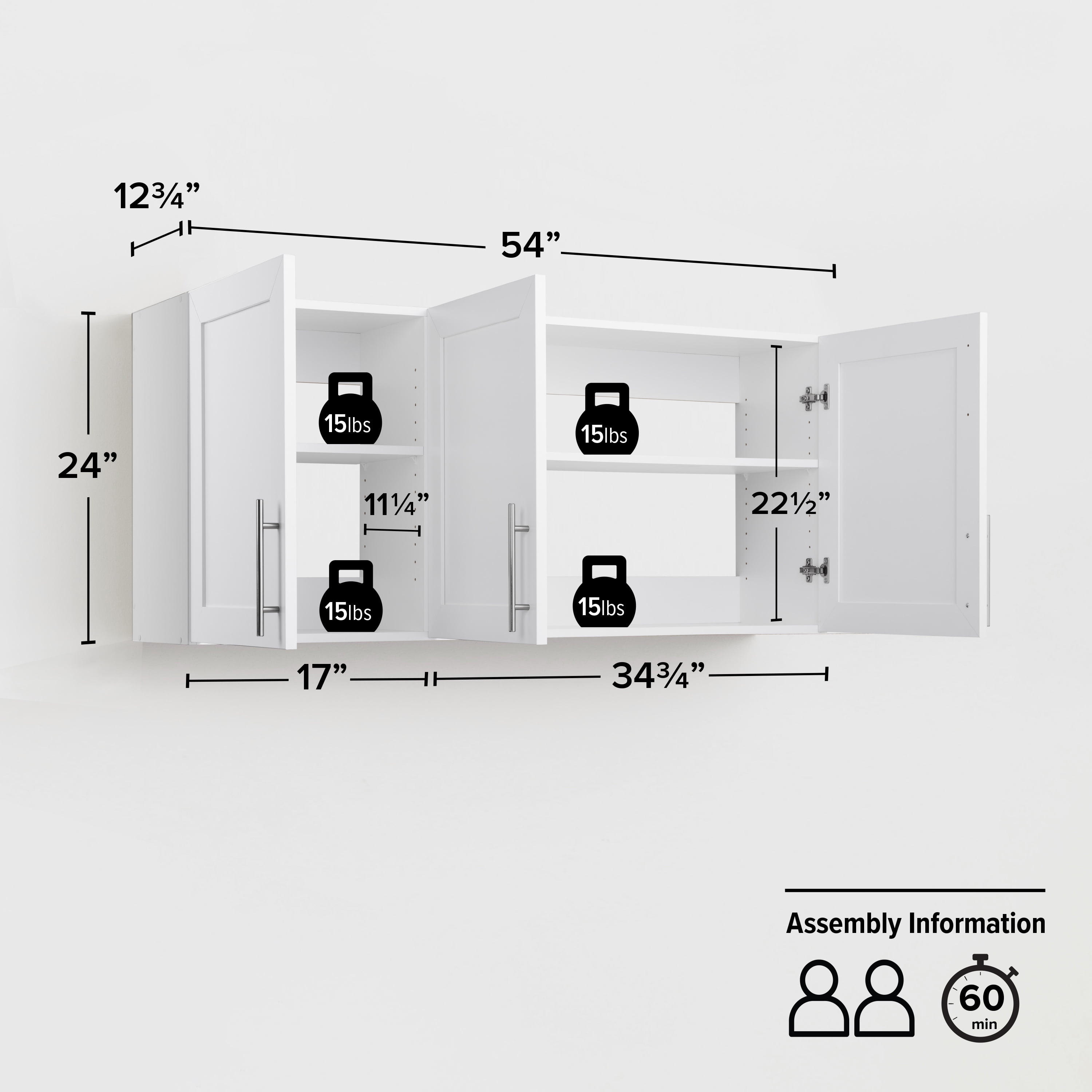 Prepac Elite 54" W Wall Cabinet with Panel Doors, White Storage Cabinet, Bathroom Cabinet, Pantry Cabinet with with 1 Adjustable Shelf 12.75" D x 54" W x 24" H, WSUR-1004-1