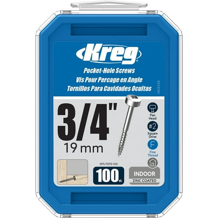Kreg SPS-F075-100 Zinc Pocket Screws, 3/4-Inch, #6 Fine Thread, Pan Head (100 Count)