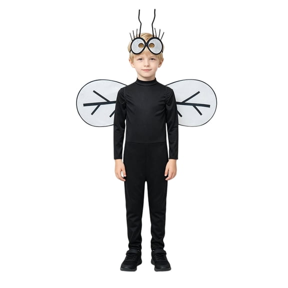 Norvella Boys Halloween Outfit Fly Bug 3 Piece Wings Eye Antenna Headband Neck Long Sleeve Full Length Fitted Jumpsuit